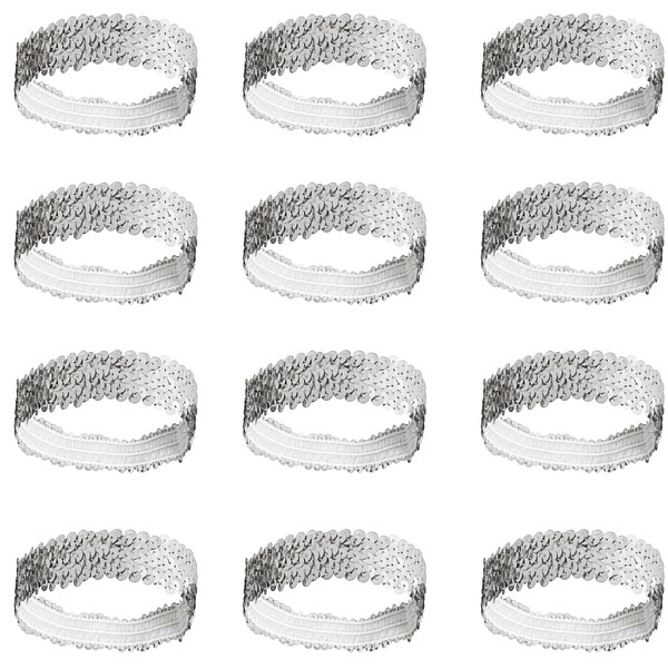 12PCS Elastic Sparkly Headband,Sliver Sequin Headbands For Women,Non-Slip Glitter Sport