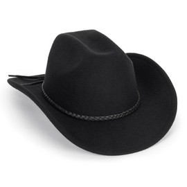 Vintage Western Cowboy Hat for Men Women - Wide Brim Cowgirl Fedora Hats with Braided Rope Band Black M
