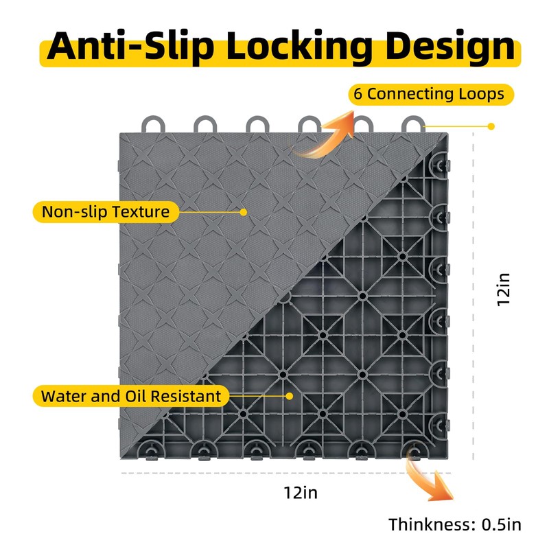 PVC Interlocking Garage Floor Tiles - 48 Pack | 12"x12"