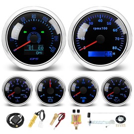 MH 6 Boat AUTO Gauge Set - 3-3/8" GPS Speedometer, Tachometer, 2-1/16" Oil Pressure, Fuel Level, Water Temperature, Voltmeter Marine Meter Kit Waterproof 7 Color (Black and Silver)