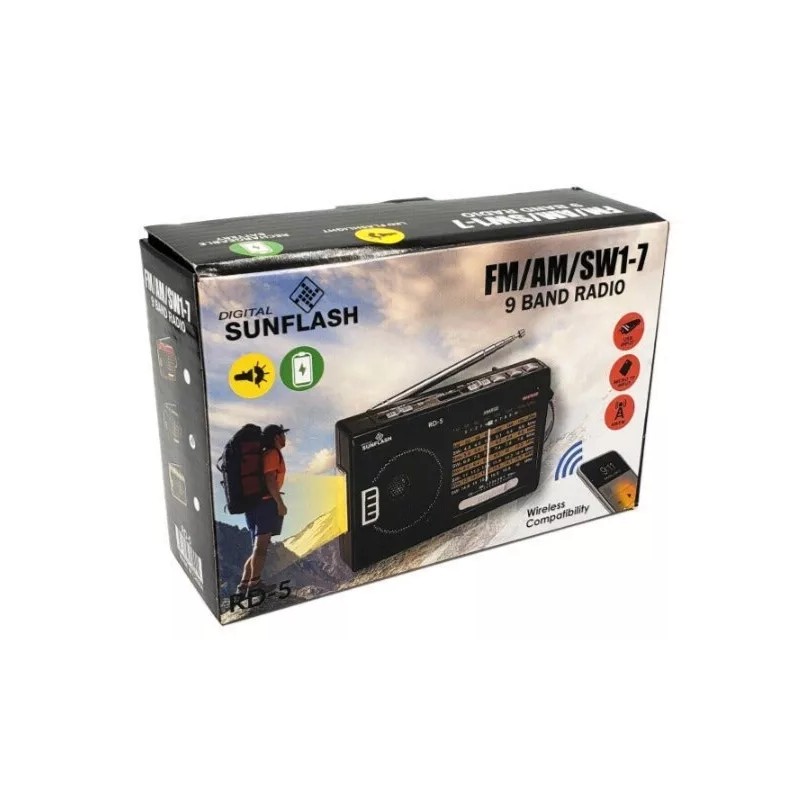 Sunflash Red Bluetooth AM/FM/SW 9CH Radio W/ Flashlight USB/TF MP3