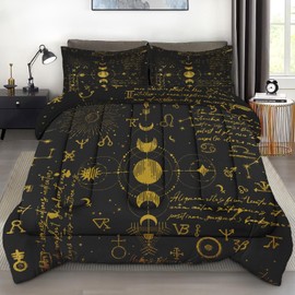 Pamnest Comforter Set Queen Size, Boho Tarot Space Soft 3 Pcs Magic Black Bedding for Kids and Adults, Spooky Sun Moon Pentagram Comforter Set with Pillowcase, for Bedroom Bed Decor