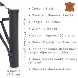 Black Leather Quiver Traditional Leather Archery Quiver Arrow Holder Waist/Hip Hanging Shoulder Bag Shooting Hunting Shoulder Strap Adjustable Waist Bag