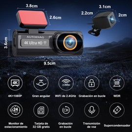 AUTODIAG Dash Camara para Auto, 4K Dashcam con WiFi | Cámara Automóvil Frontal y Trasera | WOR Visión Nocturna,Soporta Hasta 256GB, Pantalla 2.6'', Control por App, Ángulo Ancho 170°, Incluida SD 32GB