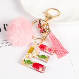 MWOOT Key Ring Letter, Pink Keyring with Initial Letters Butterfly Pompom Tassels Pendant for Women Girls, Resin Key Rings Name for Backpack Handbags Charms, E