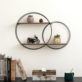 Vintiquewise Interlinked Round Wall-Mounted Shelf - Dual-Size Circular Design, Sturdy Metal Frame and 2-Tier Wooden Shelves for Modern Decor, Home Organization and Practical Storage Solutions, Black