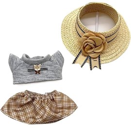 17cm Doll Clothes LBB Outfit Accessories Set -- 3 Pcs Vacation Clothes Set with Straw Hat, T-Shirt, Skirt for 17cm Lafufu Plush Dolls Dress Up Unique (Chic Brown)