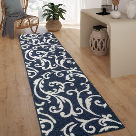 Hallway Runner Rug Non Slip Rubber Backing, 26 inch x 10 ft, Scroll, Blue, Heavy Duty Berber Style Carpet Runner for Entryway, Kitchen, Bathroom, Bedroom, Laundry Room.