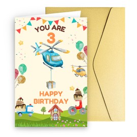 JYfeel Happy 3rd Birthday Card for Boy Girl Son Daughter Grandson Granddaughter Age 3 - Cute 3 Years Birthday Card with Gold Envelope & Seal US03BC1G