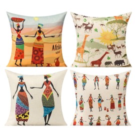 All Smiles Ethnic African Decor Throw Pillow Covers Cases Decorative Africa Safari Print Outdoor Cushion Home Décorations 18" x18" Set of 4 for Sofa Couch Living Room