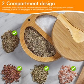 PRITOK Wooden Round Salt Box: Wooden Salt Pot with Magnetic Swivel Lid and Small Wooden Spoon, Wooden Salt and Pepper Storage Box with 2 Compartments for Kitchen Seasonings, Spices, Herbs