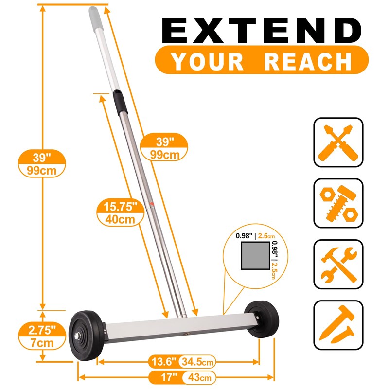 Toolwiz 17" Rolling Magnetic Sweeper 8.8lbs, with 16 lbs Telescopic