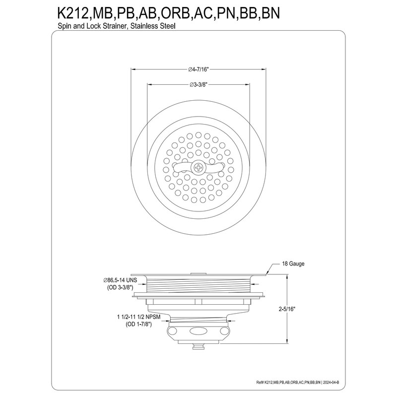 Kingston Brass K212AC Tacoma Spin and Seal Sink Basket Strainer,