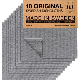SUPERSCANDI 10 Pack Swedish Dishcloths for Kitchen - 100% Biodegradable & Compostable Reusable Paper Towels Washable, Food-Safe & Without Plastic - Dish Rags Suitable for Any Surface, Grey
