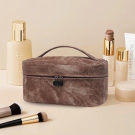 Fammio Cowboy Texture Makeup Bag for Women, Large Capacity Cosmetic Bags Toiletry Bag Travel Organizer, Stylish Brown Portable Pouch with Handle, Great Gifts for Women