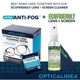 OPTICALINEA ULTRA ANTI-FOG LENS CLEANING WIPES (100 count) and ECOFRIENDLY (2oz) Lens and Screen Cleaning Spray Kit for Eyeglasses, Sunglasses, Goggles, Screens, Optical Lenses, Industrial Eyewear