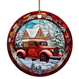 Red Truck Farmhouse Ornament, Stained Ceramic Christmas Ornament, Red Vintage Truck Ornament, Stained Glass Themed Ceramic Christmas Ornament