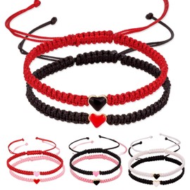 Pingyongchang 2PCS Colorful Heart Beaded Matching Bracelets for Couples and Friendships -Black + red