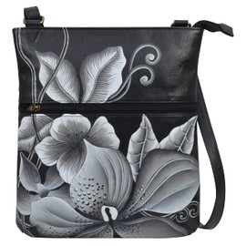 Anna by Anuschka Women's Midnight Floral Black Leather Slim Cross Shoulder Bag-Hand Painted Original Artwork Exterior, One Size