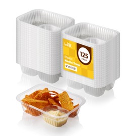 Fit Meal Prep 125 Pack 12 oz Plastic Nacho Trays, 2 Compartment Disposable Chip and Dip Holder, 6" x 5" Clear Nacho Containers, Ideal for Party Festival Carnival Concession Stand Movie Night Supplies