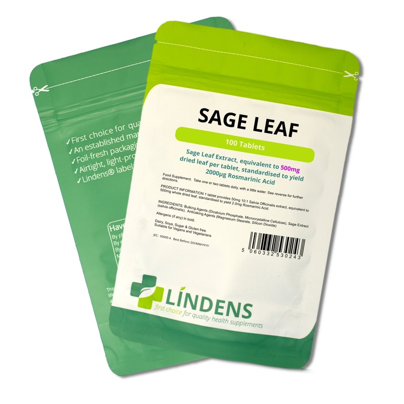 Lindens Sage Leaf 500mg 100 Tablets 2mg Rosmarinic Acid Women's