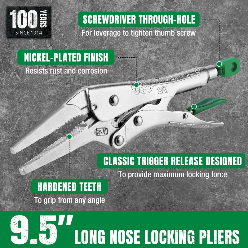 SK 9.5" Long Nose Locking Pliers, Premium CR-V Construction, Ergonomic