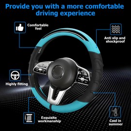 CGEAMDY Mikrofaser Kunstleder Lenkradabdeckung, Lenkradschutz Auto Universal, Auto-Lenkradabdeckung Aus Kunstleder Universal, Schweißabsorbierende Atmungsaktive Auto Lenkradhüllen(Schwarz Cyan)
