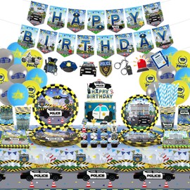 Police Birthday Party Decorations, Police Party Supplies Including Happy Birthday Banner, Cupcake Toppers, Balloons, Tablecloth, Plate, Tablewares for Kids, Boys, Girls Birthday Party, Serves 20