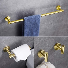 Hoooh 4-Piece Bathroom Accessories Set Stainless Steel Wall Mount Brushed Gold - Includes 24-Inch Towel Bar, Toilet Paper Holder, 2X Robe Hooks, BS100S4B-BG