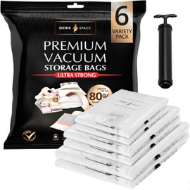 GENIE SPACE - Incredibly Strong Premium Space Saving Vacuum Bags Storage | Variety 6 Pack (2XL+2L+2M) | Airtight & Reusable | Create 80% more space | For Clothes, Towels, Bedding, Duvets and more..