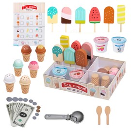 Bettinay Kids Ice Cream Play Set, Wooden Ice Cream Shop Pretend Food Toys