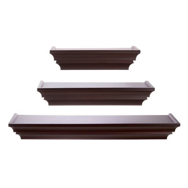 Kiera Grace Set of Three Madison Classic & Traditional Decorative Engineered Wood Contoured Floating Wall Shelves, 12" / 16" / 24", Espresso Brown