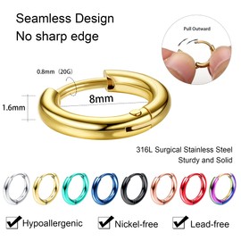 Adramata 8 Pairs 316L Surgical Stainless Steel Small Hoop Earrings for Men Women Hypoallergenic Huggie Hoop Earrings Cartilage Helix Lobes Sleeper Hoop Earrings Set 18G 20G 8mm/10mm/12mm/14mm