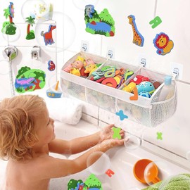 Yuiturt Bath Toy Storage, Bath Toy Net 3 Compartment Large Opening Bath Toy Organizer with 2 Side Pockets, Bath Toy Bag for Kids, Bathroom Toy Storage, Bath Toy Tidy for Baby (White)