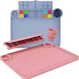 Svartur Silicone Painting Mat with Cup and Palette Detachable, 17"X13" Thick Silicone Craft Mat with Raised Edge for Artist, Kids Painting Station Silicone Creator Mat, Gray & Coral Pink