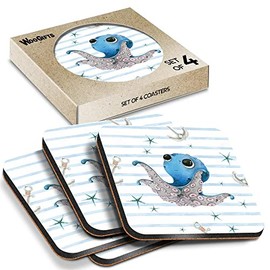 4 x Square Coasters - Blue Octopus Sea Life Nautical Kids Cork Backed MDF Glossy Tea Coffee Accessory #170434