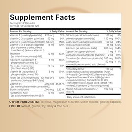 Multivitamínico metilado para hombres y mujeres, 240 cápsulas | Fórmula 27 en 1 con complejo de vitaminas B, C, D3, K2, NAD, NAC, CoQ10, resveratrol, 