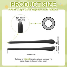 PATIKIL 5 Pairs Eye Glass Replacement Temples, Silicone Anti-Slip Eyeglass End Tips Glasses Retainers Fits 0.9-1.2mm for Round Thin Metal Eyeglass Sunglasses Temple, Black