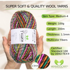 MeriWoolArt® Merino Wool for Knitting - 200 m Multicoloured Thick Merino Wool - Soft Wool for Crochet and Arm Knitting for Sweaters, Scarves, Blankets, Cloths, DIY Knitting Projects