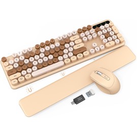 Wireless Keyboard and Mouse Combo - Cute Typewriter Keyboard with Detachable Wrist Rest, Retro Round Keycaps, Foldable Legs, 2.4GHz Full-Size Keyboard for PC, Laptop, Mac, Windows - Trueque (Latte)
