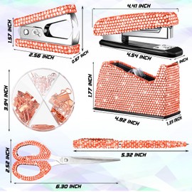 Demissle 6 Pcs Bling Office Desk Accessories Set Crystal School Stationery Kit Scissor Stapler with Staple, Tape Dispenser, Diamond Pen, Staple Remover, Binder Clip, Paper Clip, Push Pins (Rose Gold)