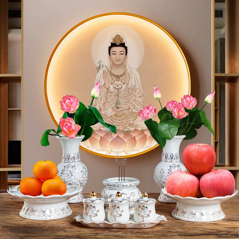 HOULU 7 Inch White Ceramic Buddhist Fruit Plate, Buddhist Supplies