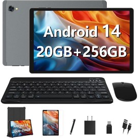 POWMUS Android 14 Educational Gaming 256GB Tablet with Dual Camera and Silicone Case, 20GB(8+12)RAM 256GB Storage Tablet 2TB Expandable, 10.36 inch 2000*1200 IPS 4K Big Screen, Octa-Core Tablet PC with Keyboard & Mouse - Color: X608 Android 14 - Gray