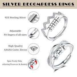 Estrellique Silver 925 Fidget Rings for Anxiety Person, Unisex Open Adjustable Anti-stress-ring, 2PCS Decompression Ring Set, 925 Sterling Silver Anxiety Rings, Hypoallergenic Spinning Ring with Beads