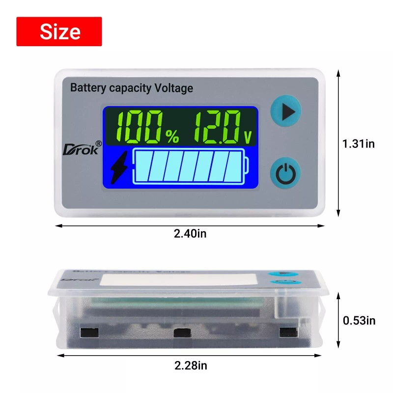 DROK 12V Battery Capacity Monitor, 10-100V 24V 36V 48V Digital