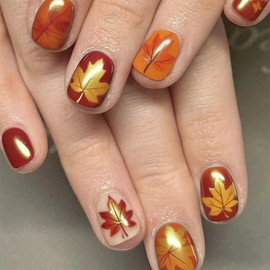 Fall Press on Nails Maple Leaves Fake Nails Extra Short Square Shaped Acrylic Nails Brown Glossy False Nails Autumn and Winter Glue on Nail Thanksgiving Stick on Nail for Women 24pcs