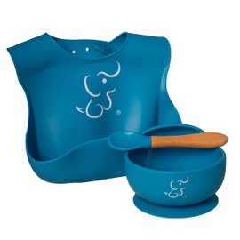PAPU BABY Set de Alimentación - 1 Babero y 1 Platos Hondo/Bowl (Azul Indigo)