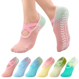 Zuimei 6 Pairs Non Slip Yoga Pilates Yoga Socks for Women with Grips & Straps, Colorful Grip Socks Pilates Ladies Ballet Sock for Barre, Ballet, Dance, Fitness, Workout