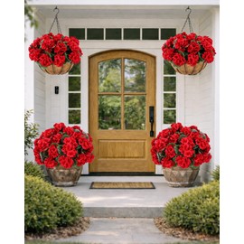 Flores artificiales para exteriores – 6 paquetes de geranios artificiales resistentes a los rayos UV, flores de seda realistas para porche delantero, patio, jardín, cajas de ventana y