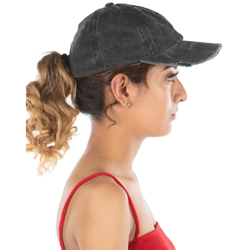 Dad Hat Ponytail Messy Bun Trucker Ponycap (Solid - Black